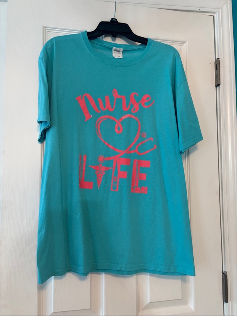 Fruit of the Loom Turquoise Tee with Pink Nurse Life Graphic